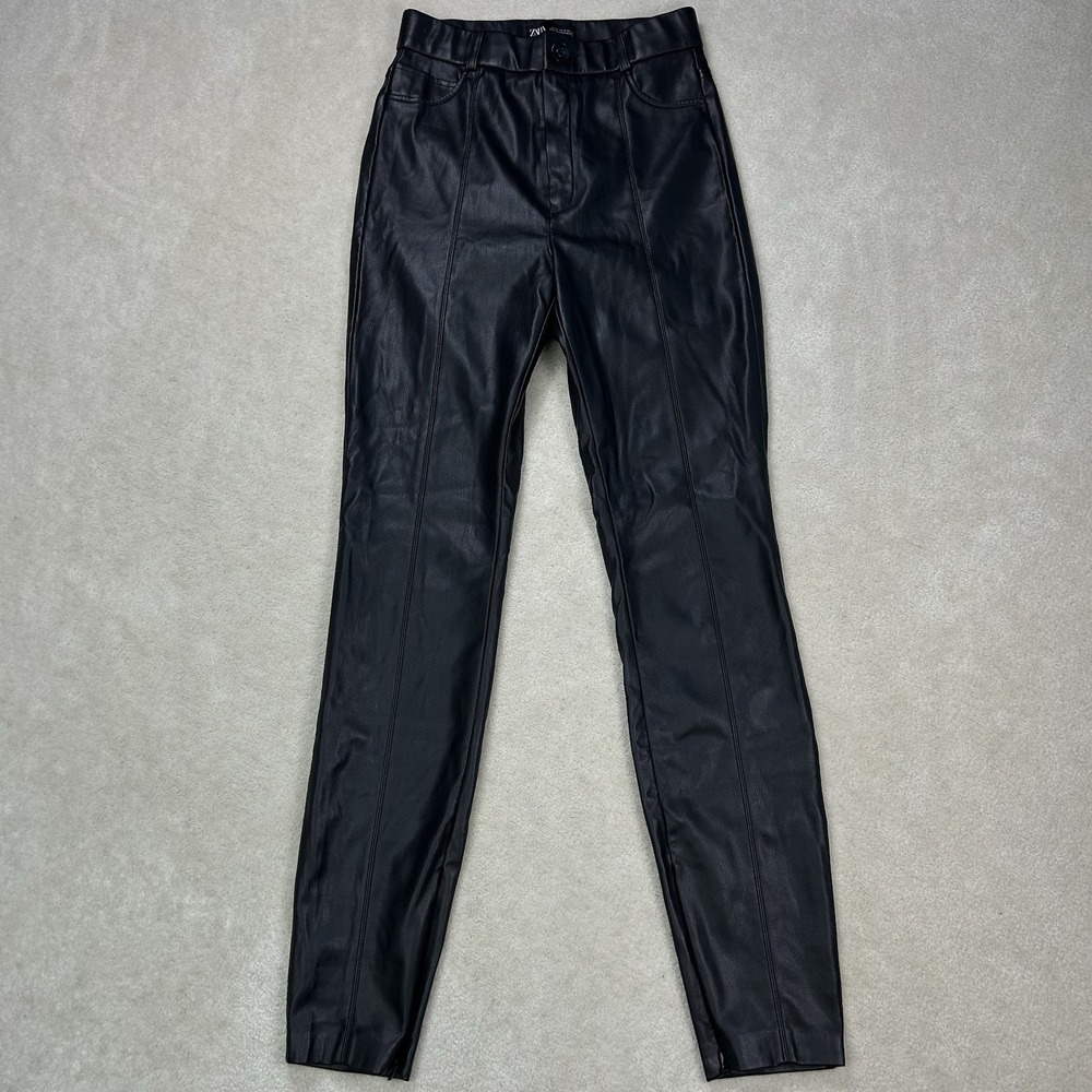 Zara Faux Leather Pants Womens Small Black High Rise Ankle Zipper Casual